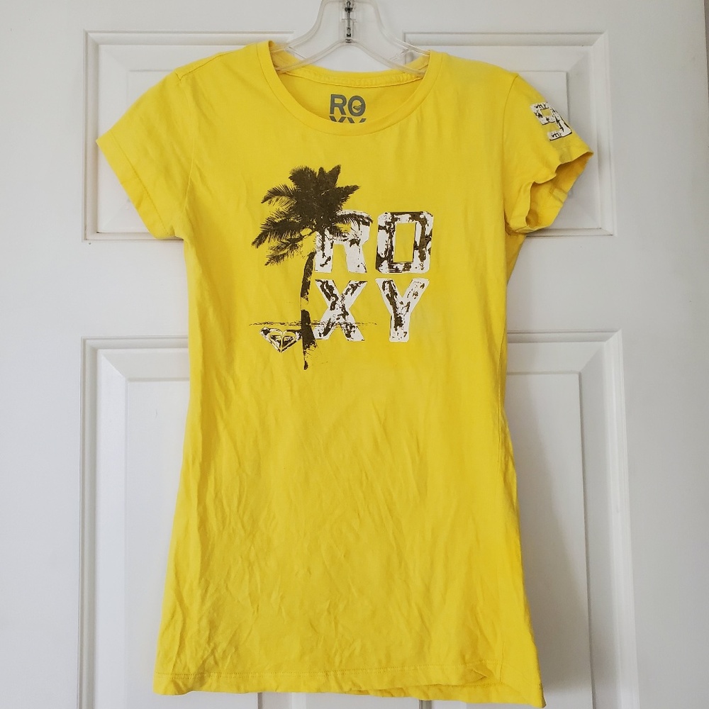 Vintage ROXY Yellow brown Palm Tree T Shirt Size MEDIUM  Juniors/Women
